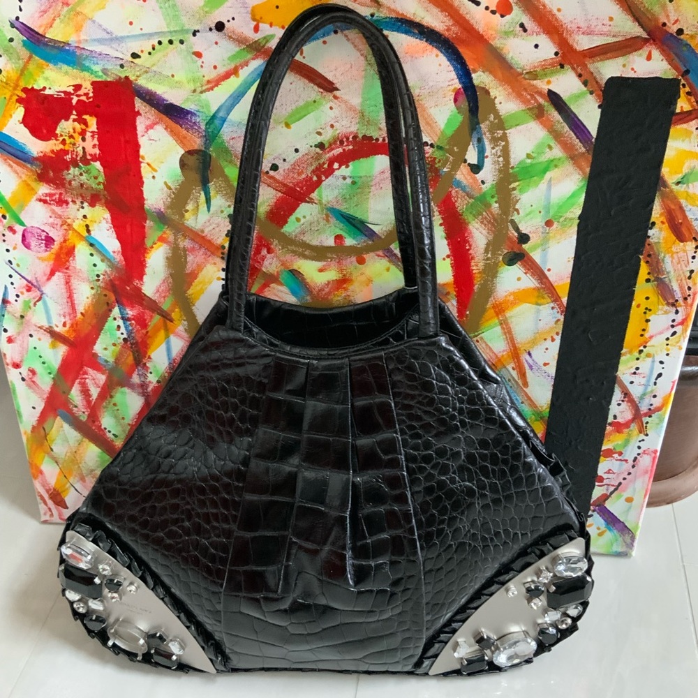 Renato Angi Black Leather Bag with Stones - Picture 8 of 15